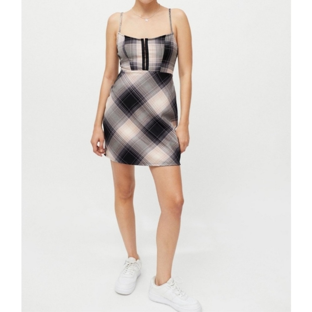 Urban Outfitters Mini Dress Y2K Keya Hook and Eye Pink Black Plaid Size Medium